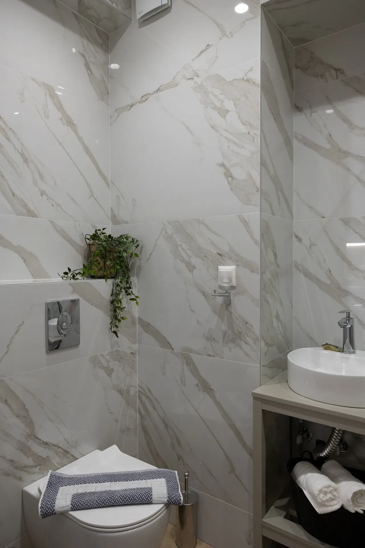 Bathroom with marble walls and a plant