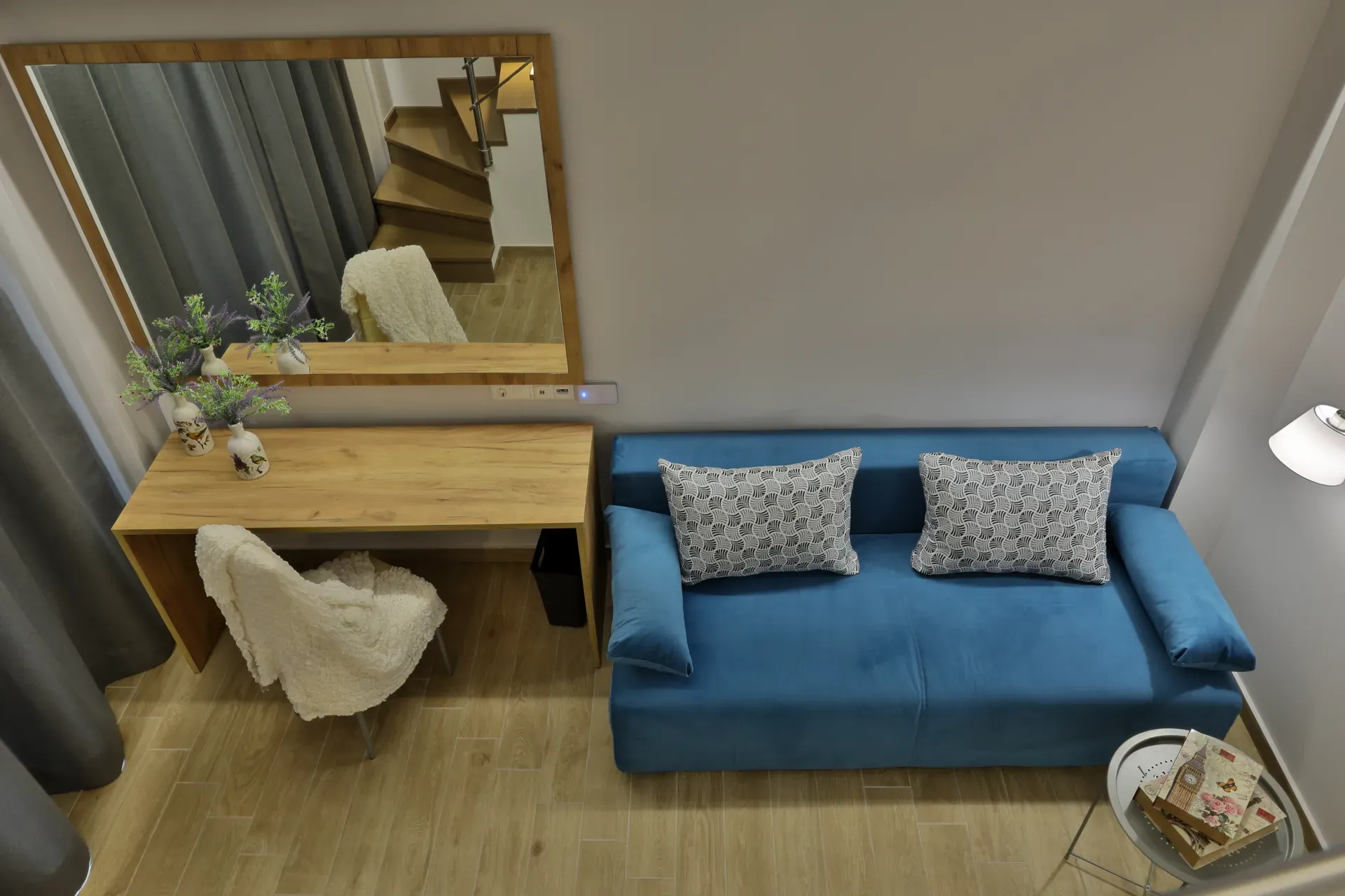 Desk with mirror and TV